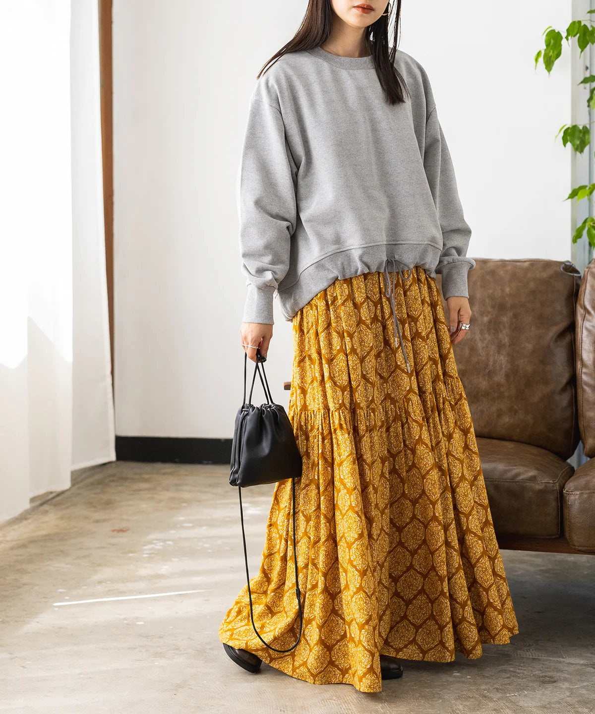 【hunch】レーヨン プリント ティアードワンピース  -ベージュ- ※8/27-9/2より順次配送予定