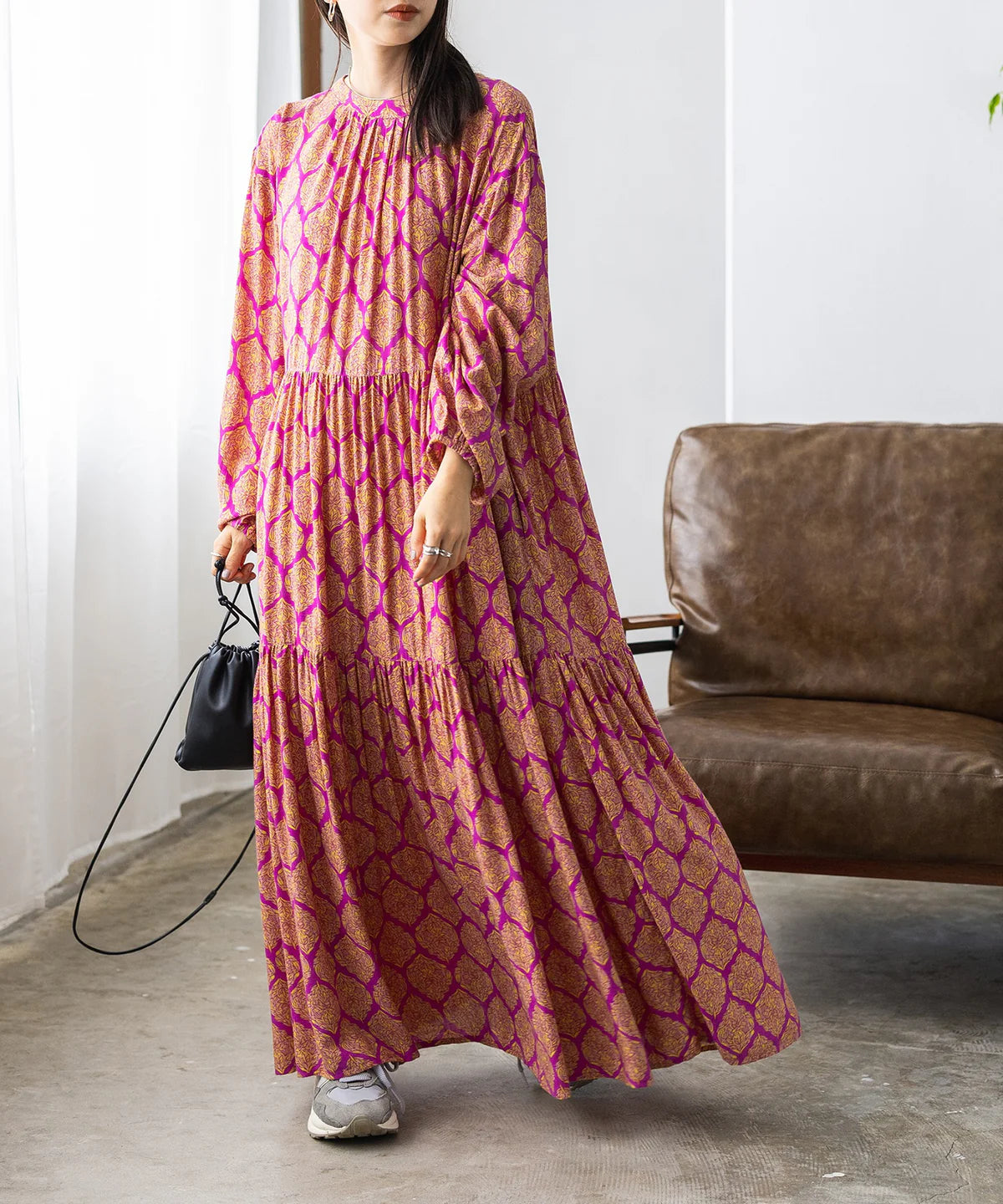 【hunch】レーヨン プリント ティアードワンピース  -パープル系- ※8/27-9/2より順次配送予定