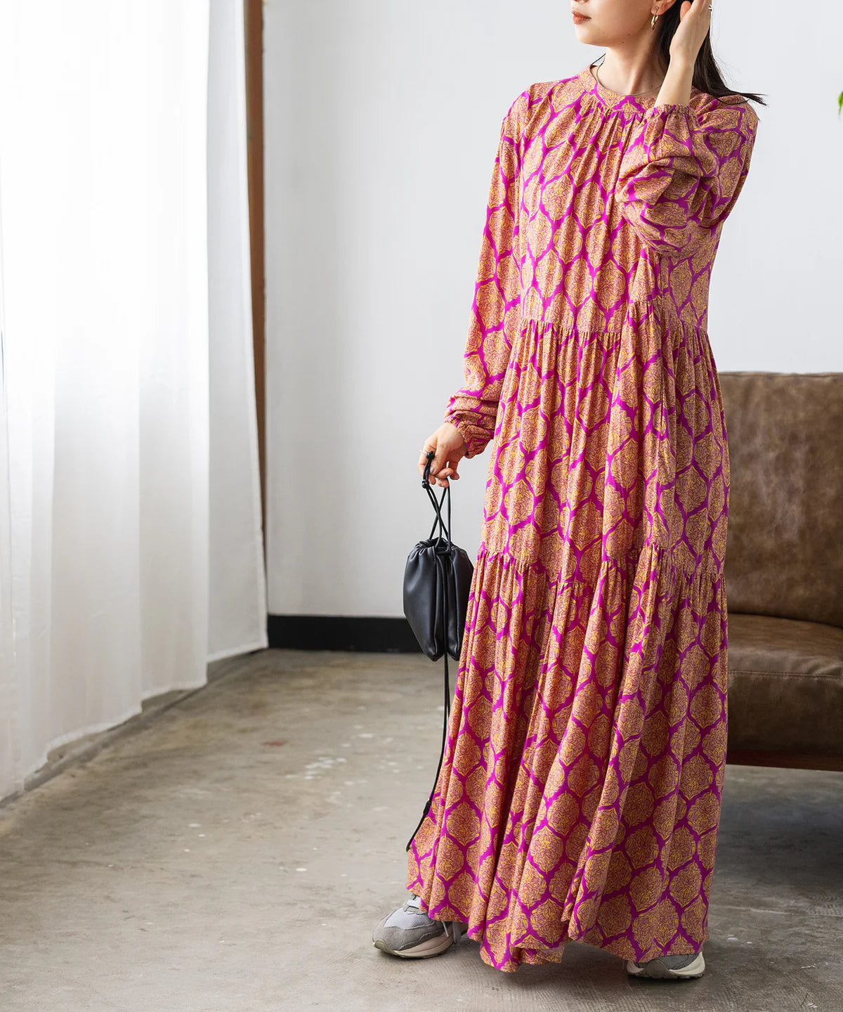 【hunch】レーヨン プリント ティアードワンピース  -パープル系- ※8/27-9/2より順次配送予定