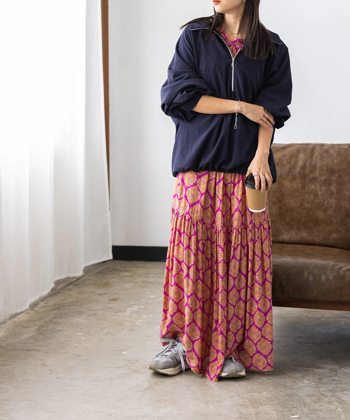 【hunch】レーヨン プリント ティアードワンピース  -パープル系- ※8/27-9/2より順次配送予定