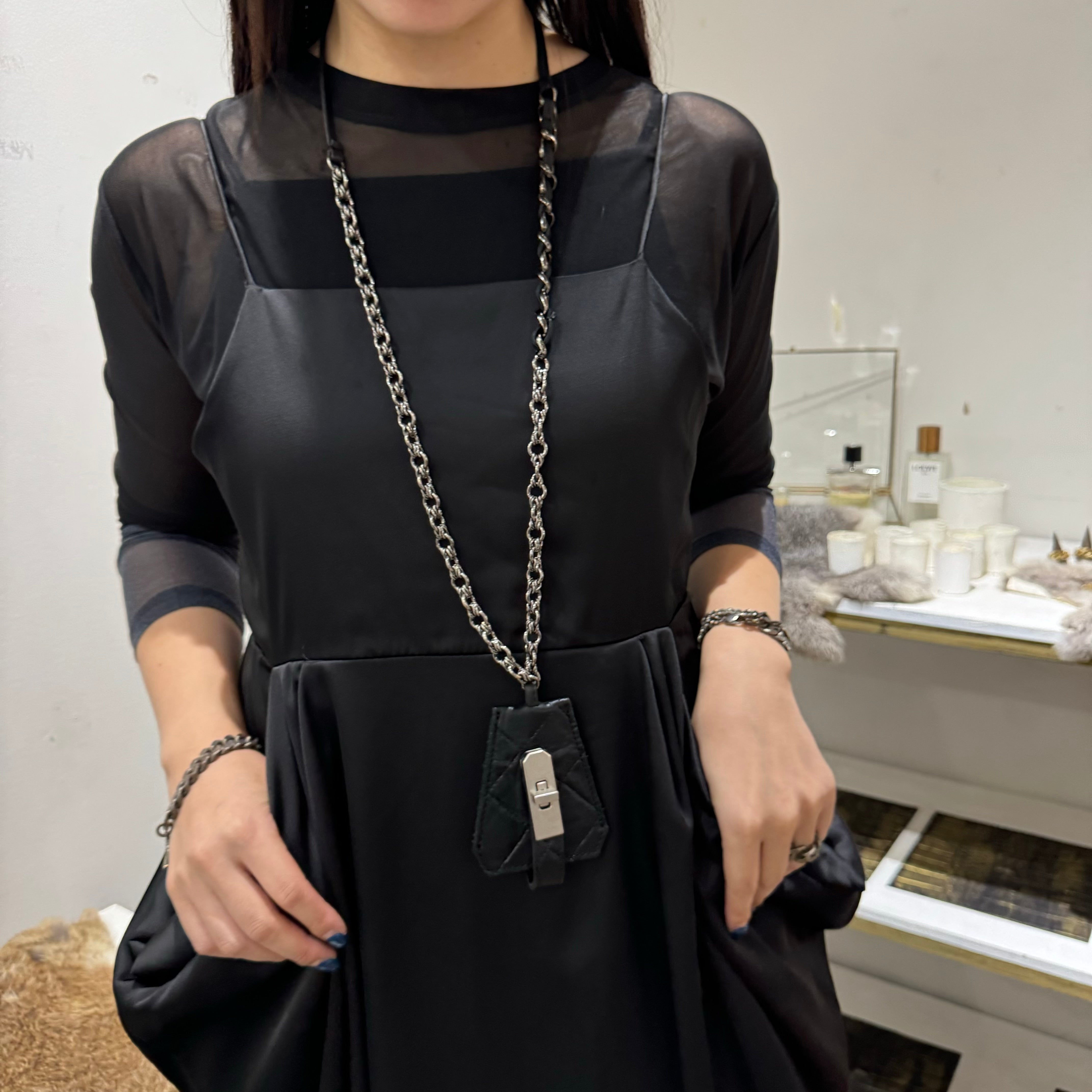 ⚠️予約【MUL114-201119】レザーチェーンネックレス  キルティング型押し　-ブラック-  　※R7. 6月末納品予定