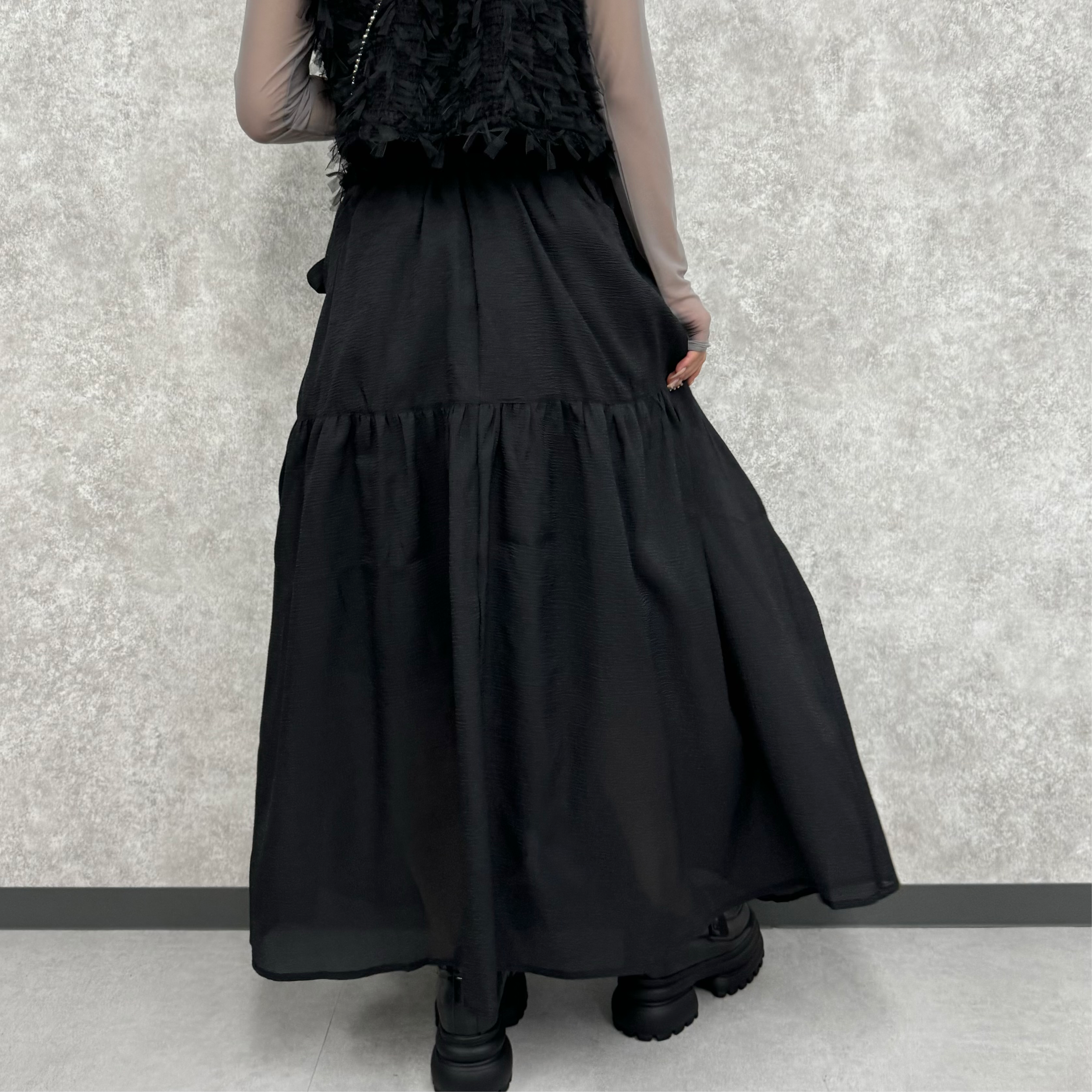 🉐特別セール🉐リボンギャザースカート -ブラック-      ※2/12〜17頃より順次配送予定