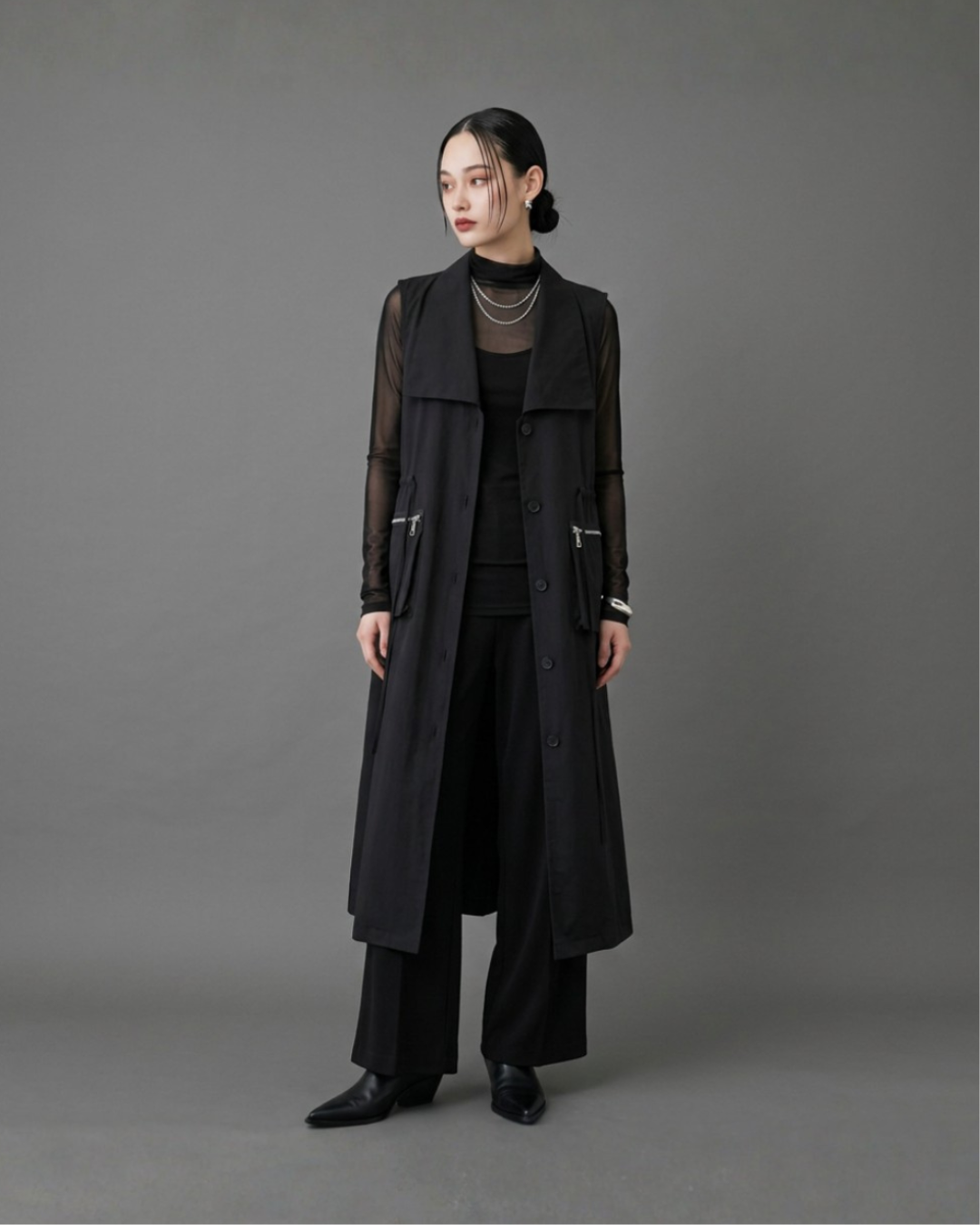 Big Collar Drawsting Long Vest -black-