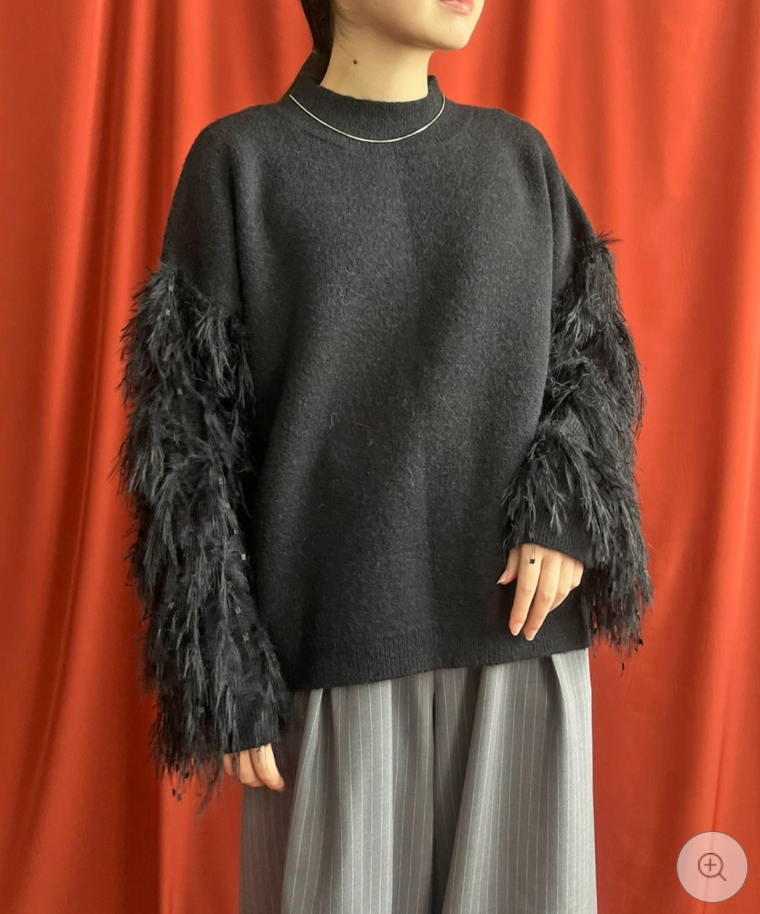 【LHELBIE】フリンジスリーブニットトップス  -ブラック-　※10/22-28頃より順次配送予定