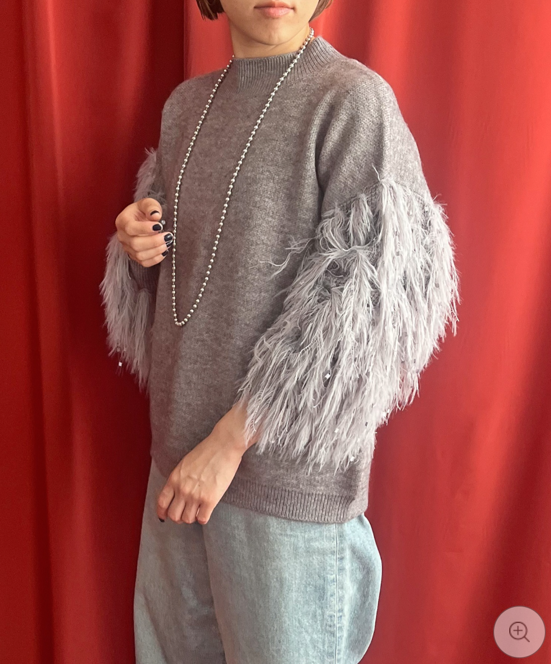 【LHELBIE】フリンジスリーブニットトップス  -グレー-　※10/22-28頃より順次配送予定