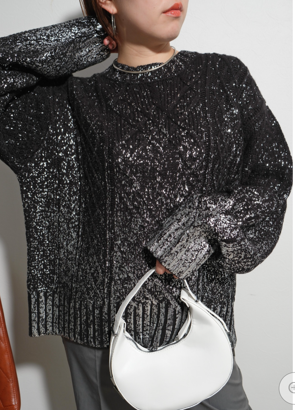 【Palm Riche】ケーブル箔プリントニット  -ブラック-　※10/22-28頃より順次配送予定