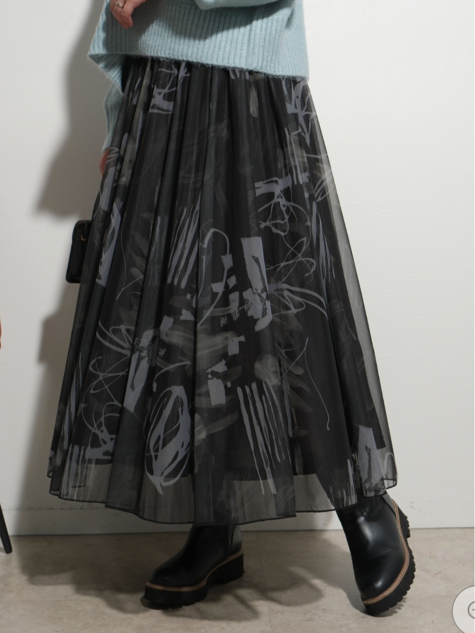 【Palm Riche】オリジナル柄シアースカート  -ブラック-　※10/22-28頃より順次配送予定