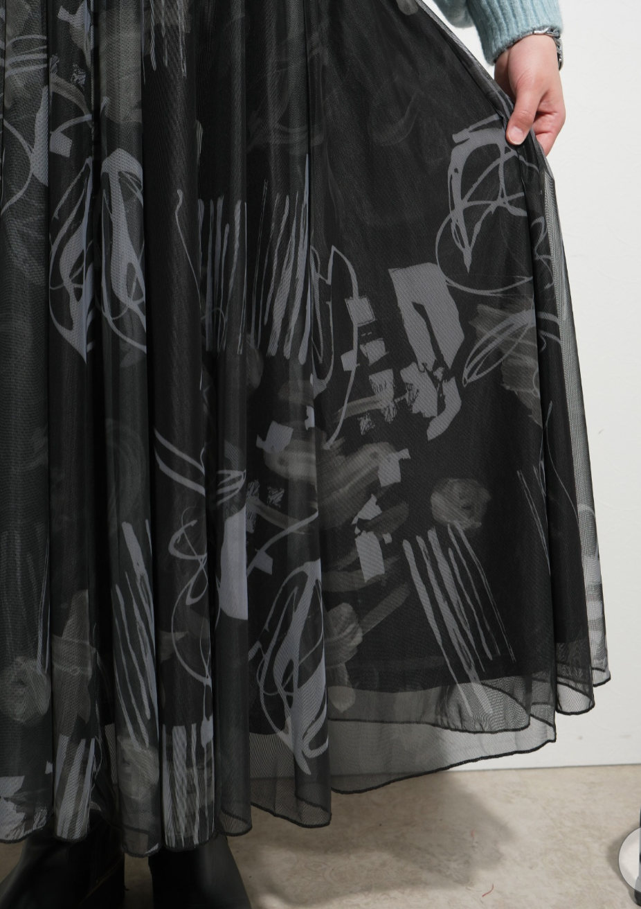 【Palm Riche】オリジナル柄シアースカート  -ブラック-　※10/22-28頃より順次配送予定
