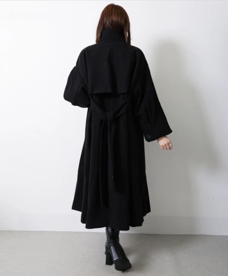 襟ビックデザイン ロングスタンドカラーコート　-ブラック-　※11/5~11/11頃より順次発送