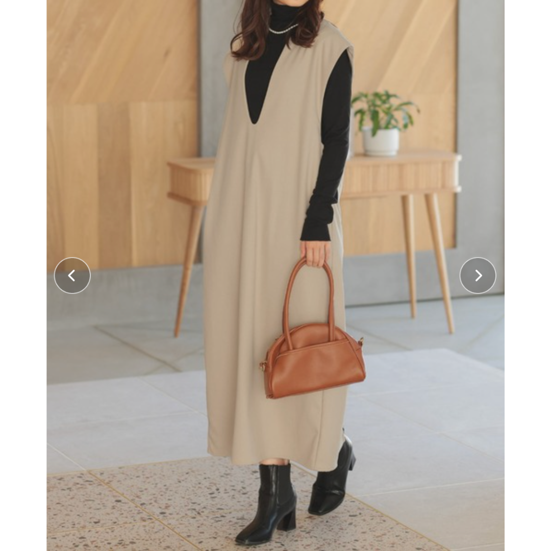 キーネックフレンチスリーブロングワンピース -ベージュ-　※10/29〜11/4より順次配送