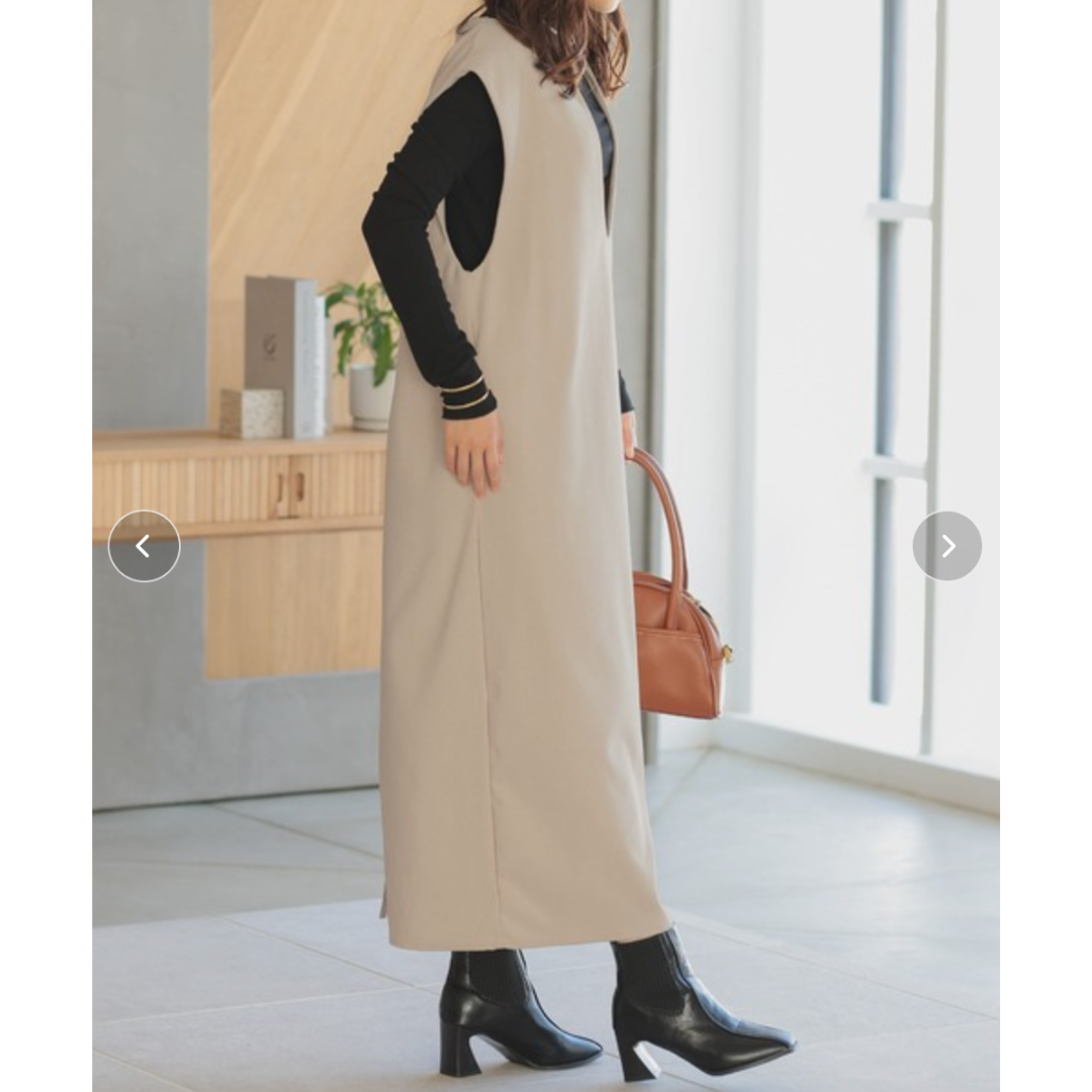 キーネックフレンチスリーブロングワンピース -ベージュ-　※10/29〜11/4より順次配送