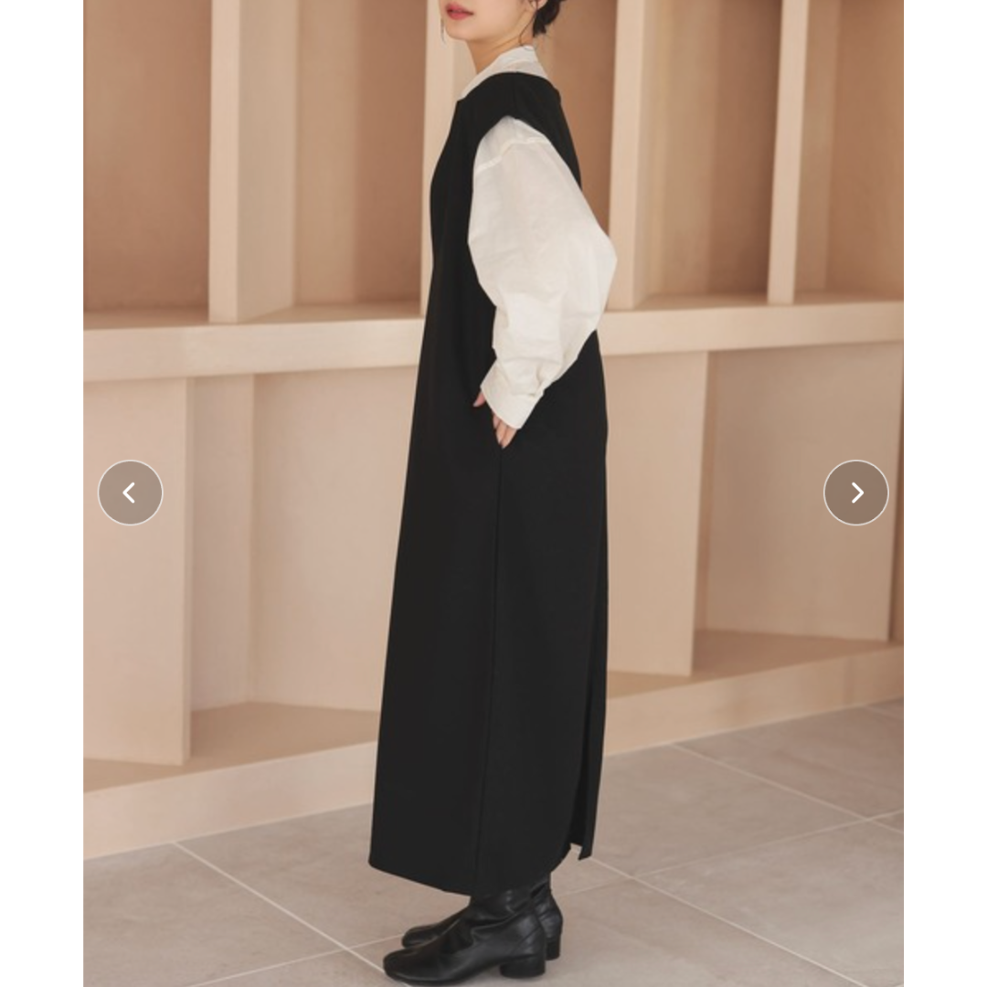 キーネックフレンチスリーブロングワンピース -ブラック-　※10/29〜11/4より順次配送