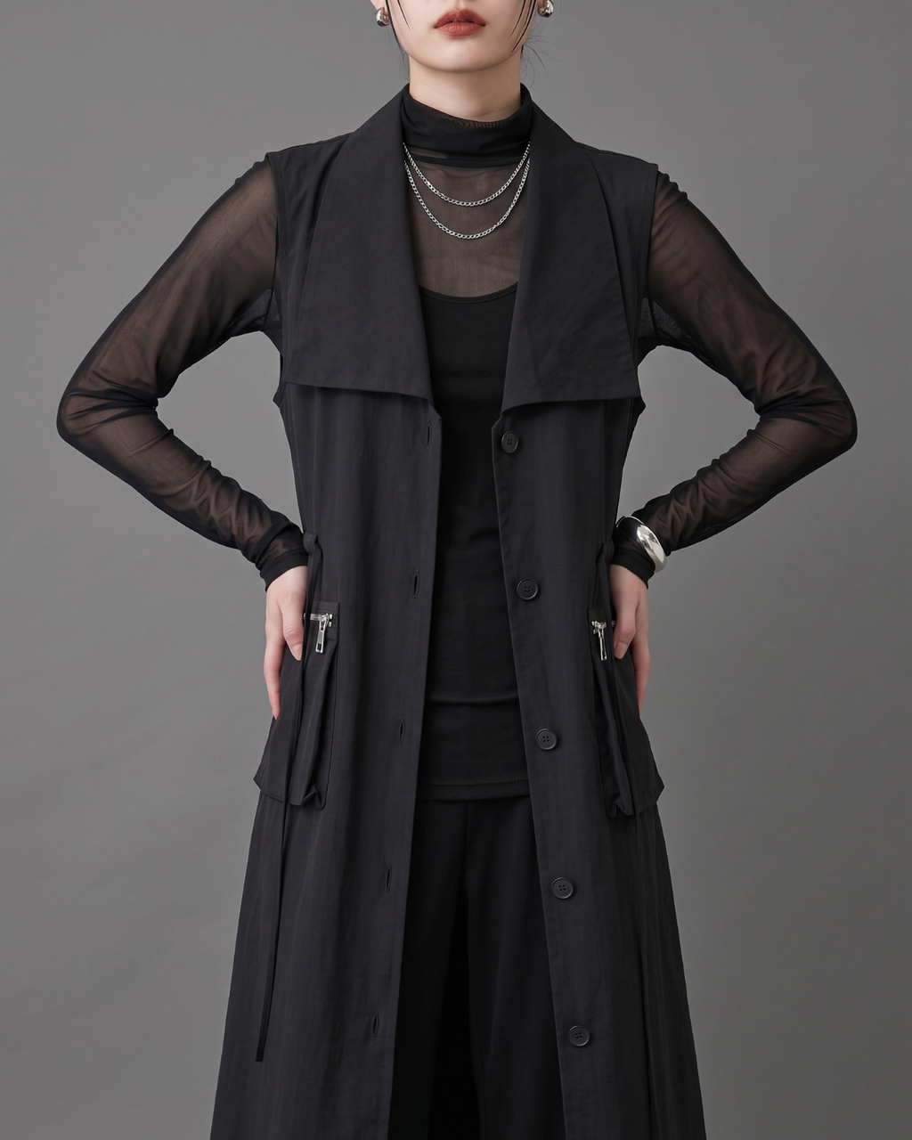 Big Collar Drawsting Long Vest -black-