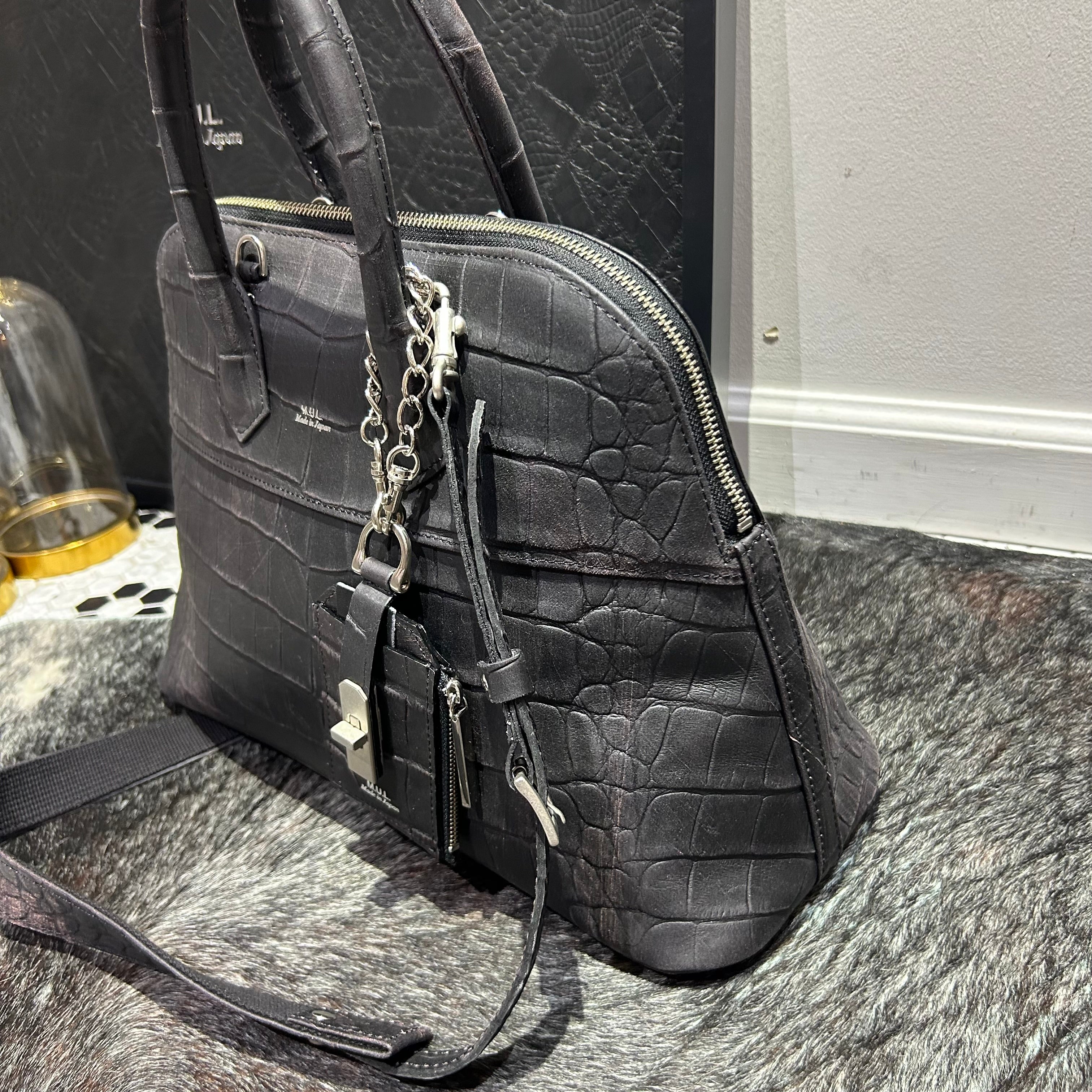 ⚠️予約【M.U.L.】ラウンドトート　クロコダイル型押し　-vintage ブラック-　※R7. 6月末納品予定