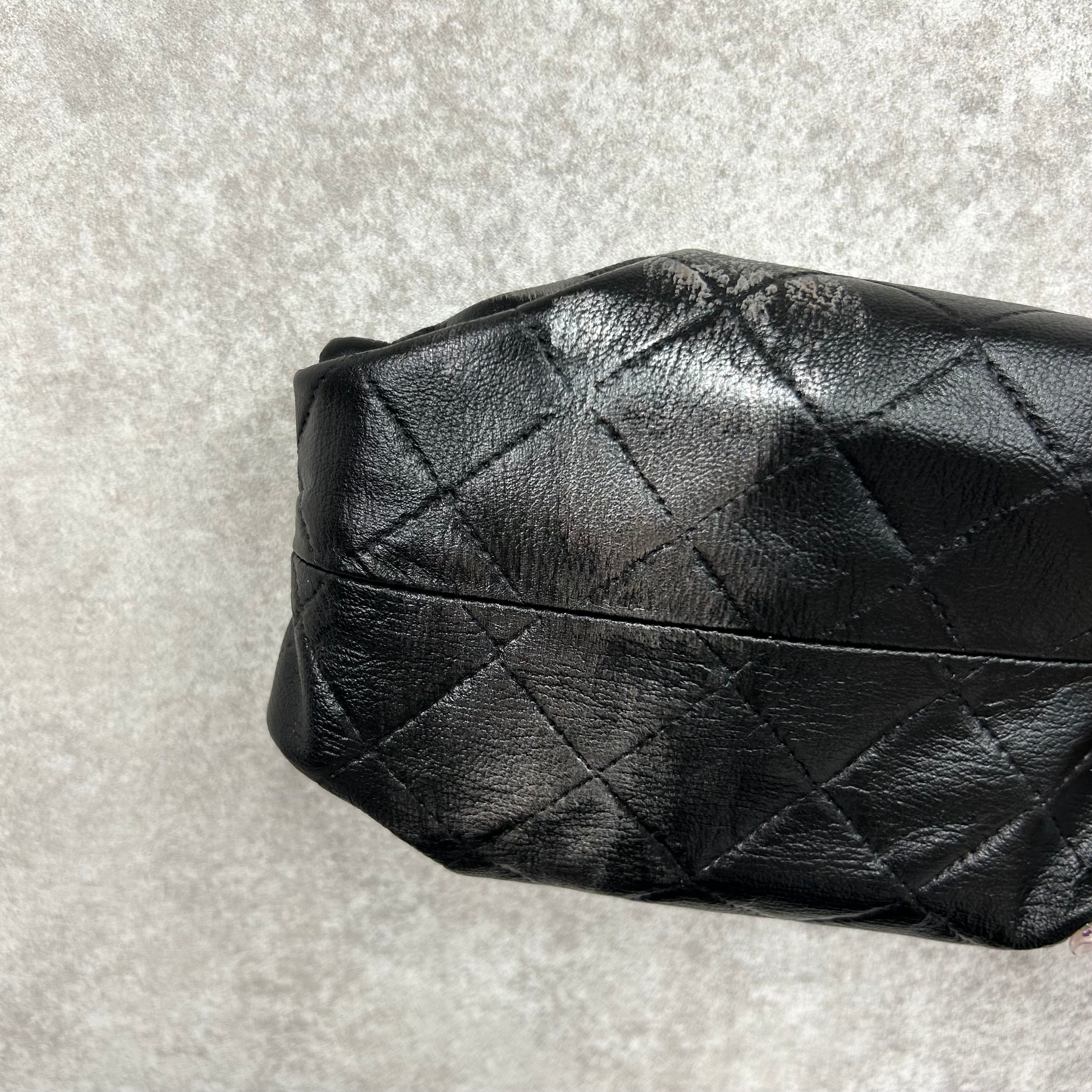 【MUL109-PSL】レザーポーチ ソフトレザーキルティング(ブラック) ピンクシルバーライン　※7/2〜7/12より事務所から順次発送予定