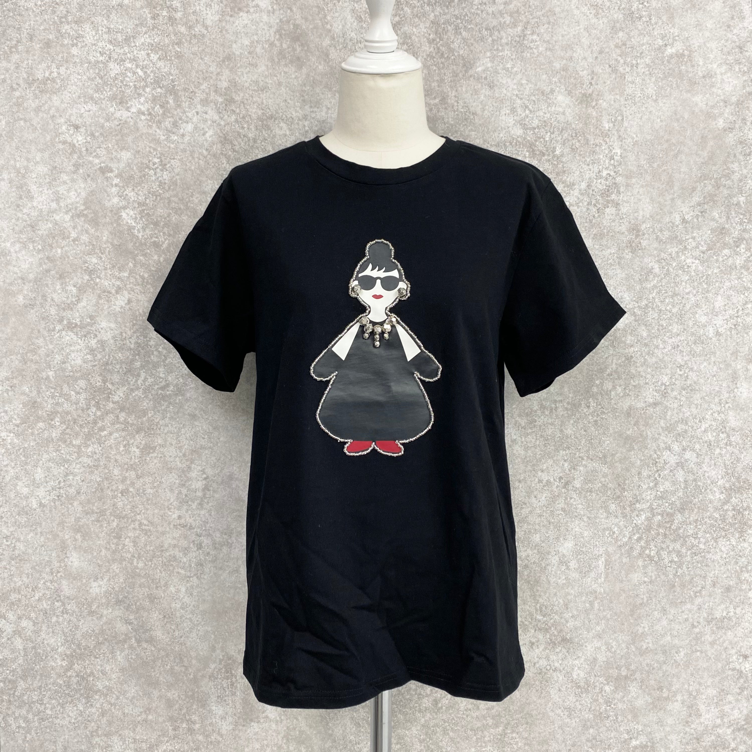 【HAPPYFACE】EMMA 全身ビーズ付きプリントＴシャツ ブラック　※10/22〜28より順次配送