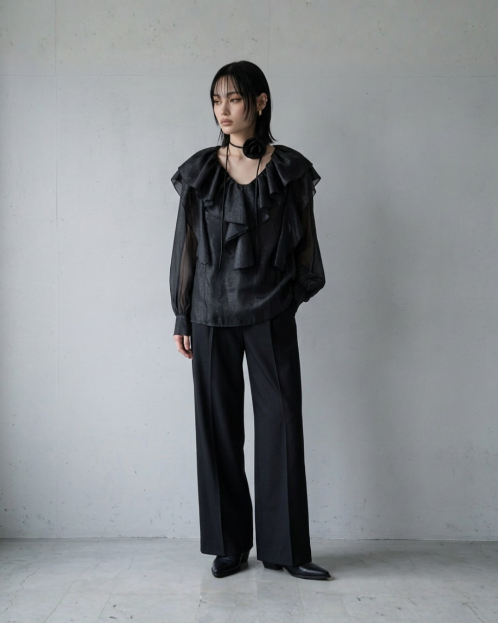Rose Tie Organza Blouse -black-
