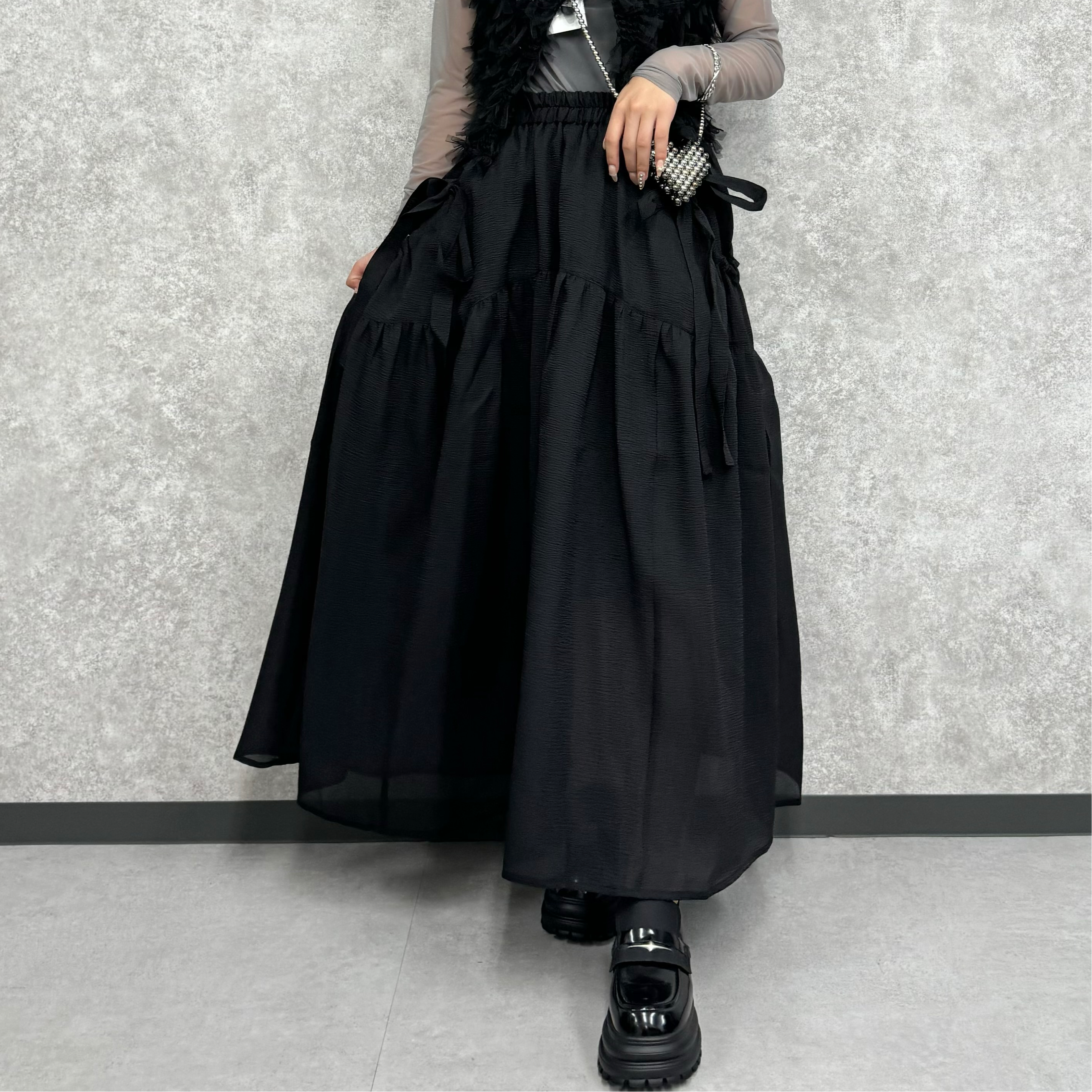 🉐特別セール🉐リボンギャザースカート -ブラック-      ※2/12〜17頃より順次配送予定