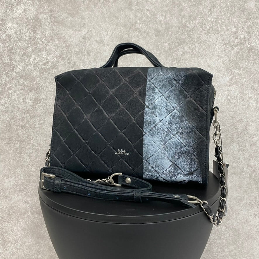 【MUL106-WH】キューブショルダー デニムレザーキルティング(ブラック) ホワイトライン　※10/29〜11/2より弊社事務所から順次発送