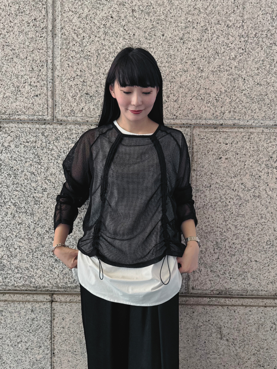 【ASYMM】TWIST LINE MESH TOPS -black-