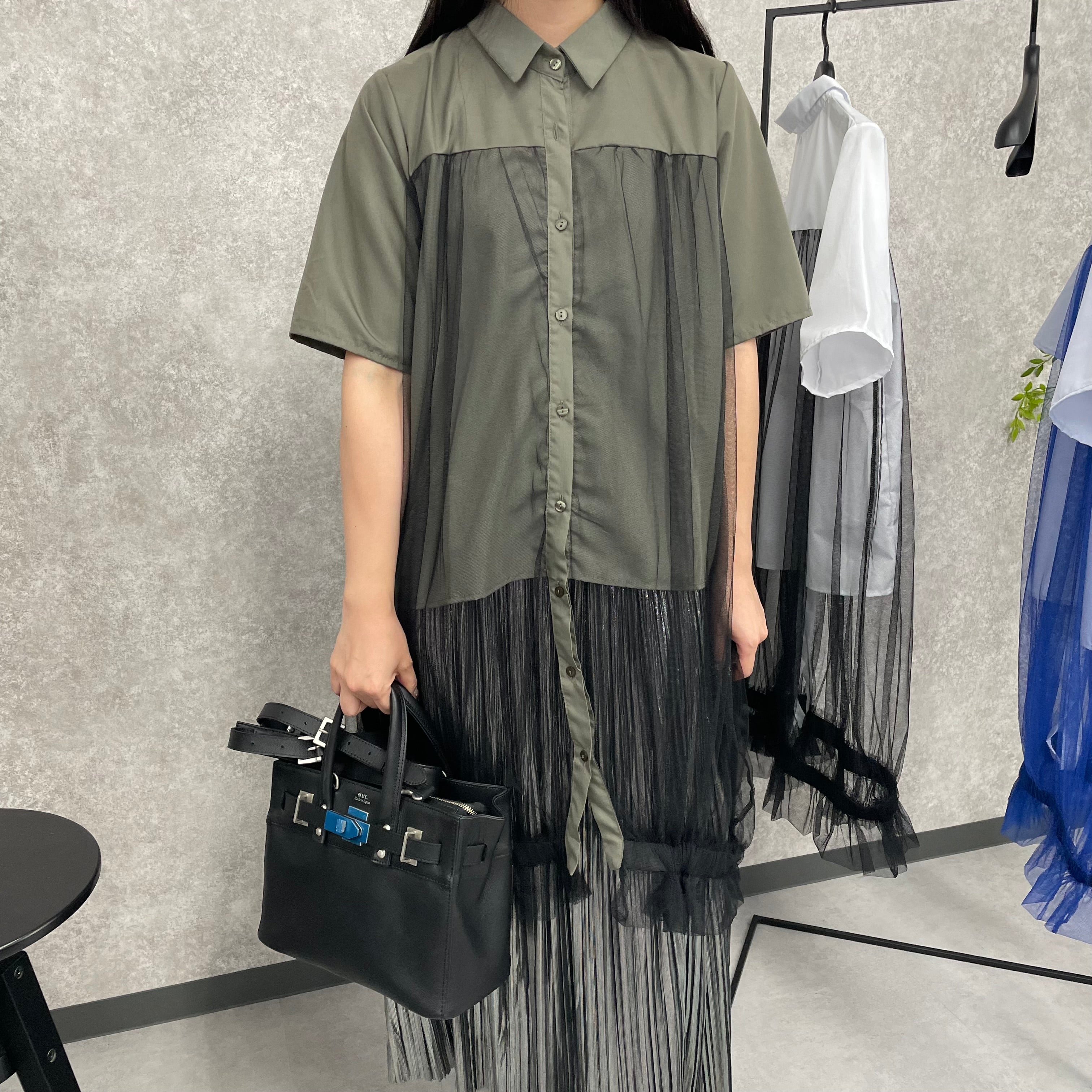 チュール切り替えシャツ　カーキ　※6/18-24より順次発送