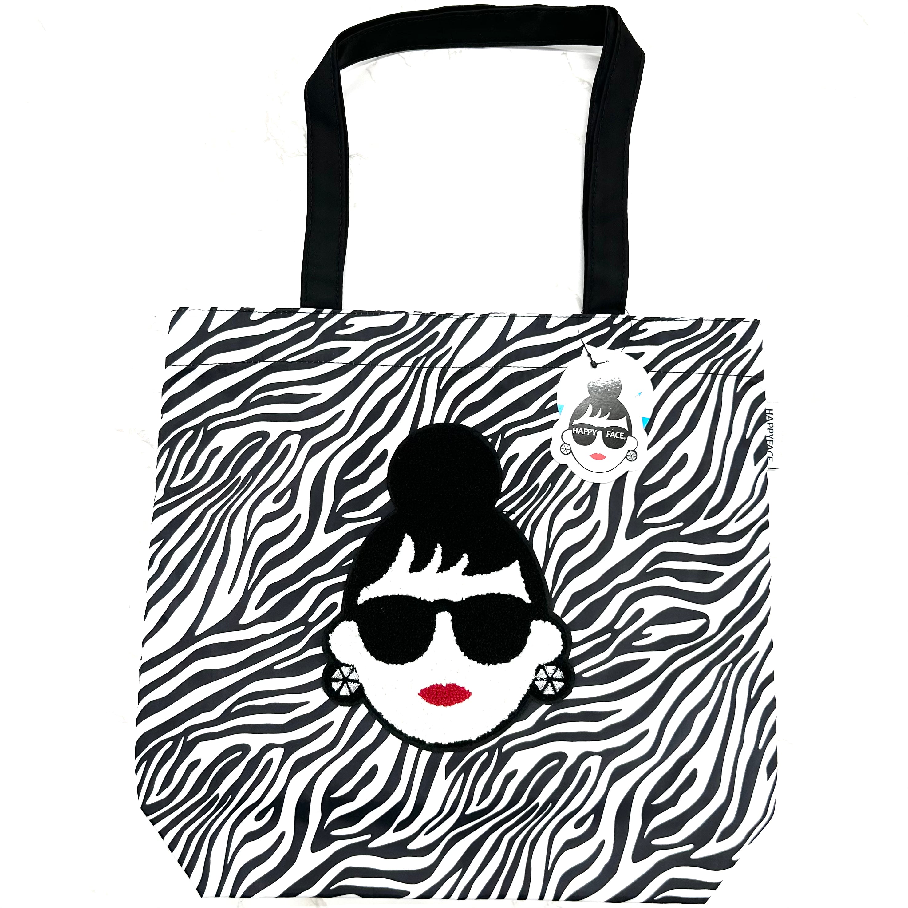 【HAPPYFACE】EMMA フェイス刺繍トートバッグ ゼブラ柄　※7/30〜8/5迄に順次発送予定