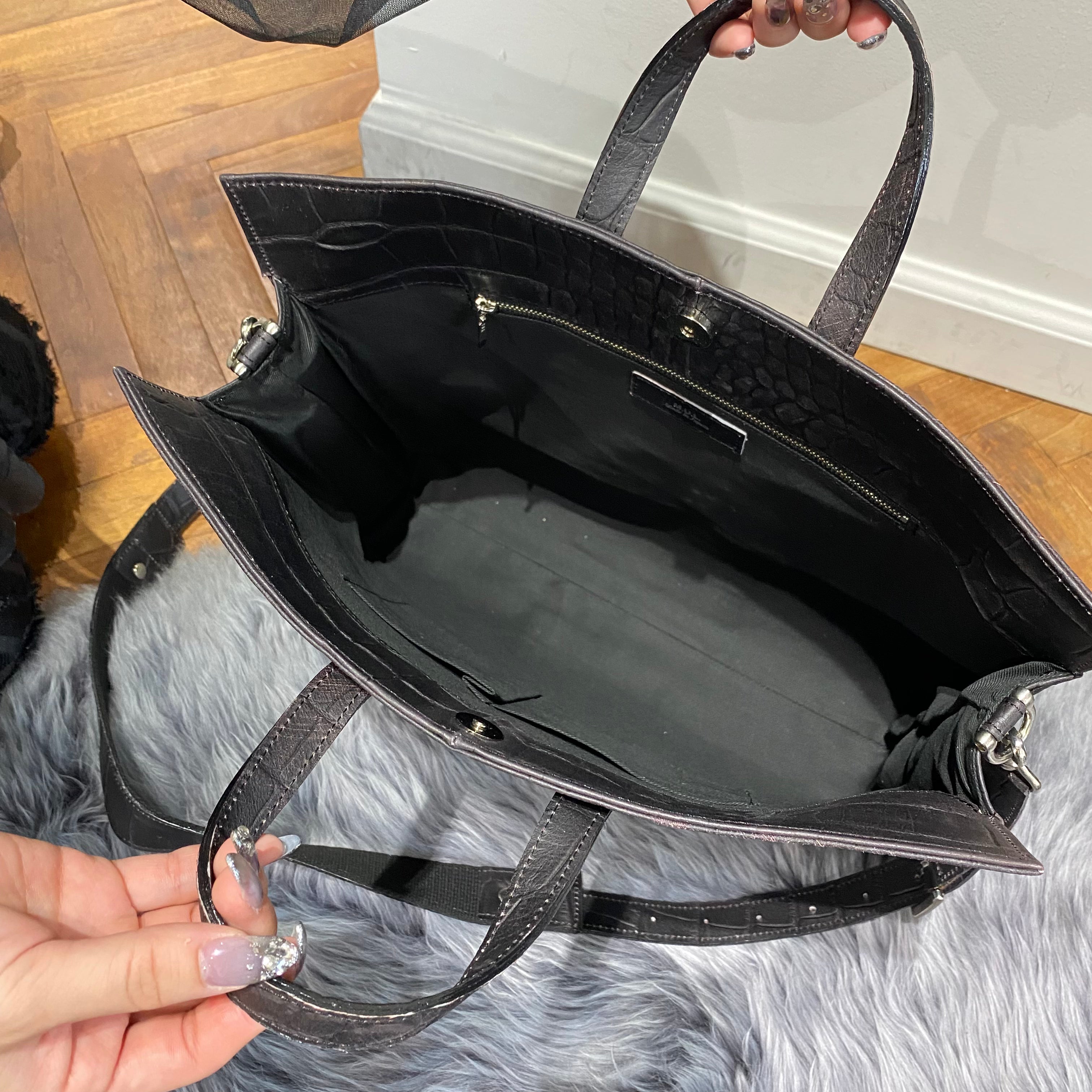 ⚠️予約【M.U.L.】スクエアトート クロコダイル型押し -vintage ブラック-　※R7. 6月末納品予定