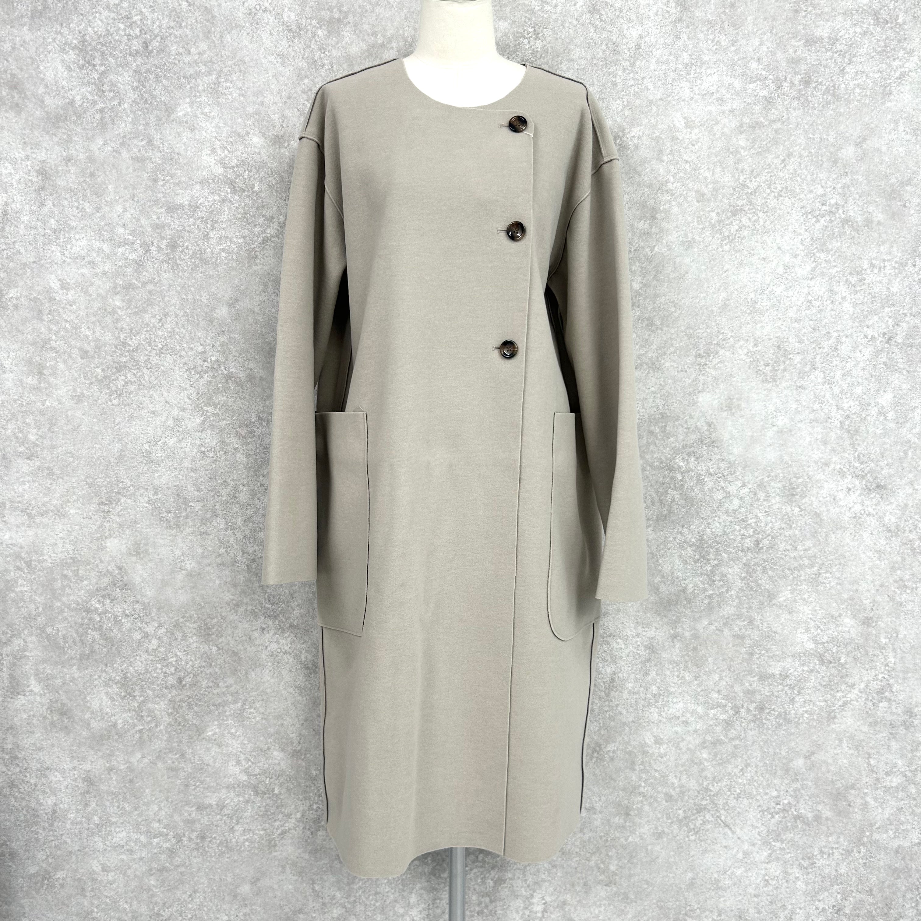 裏チェックノーカラーコート　グレージュ　*1/14〜20頃より順次発送予定