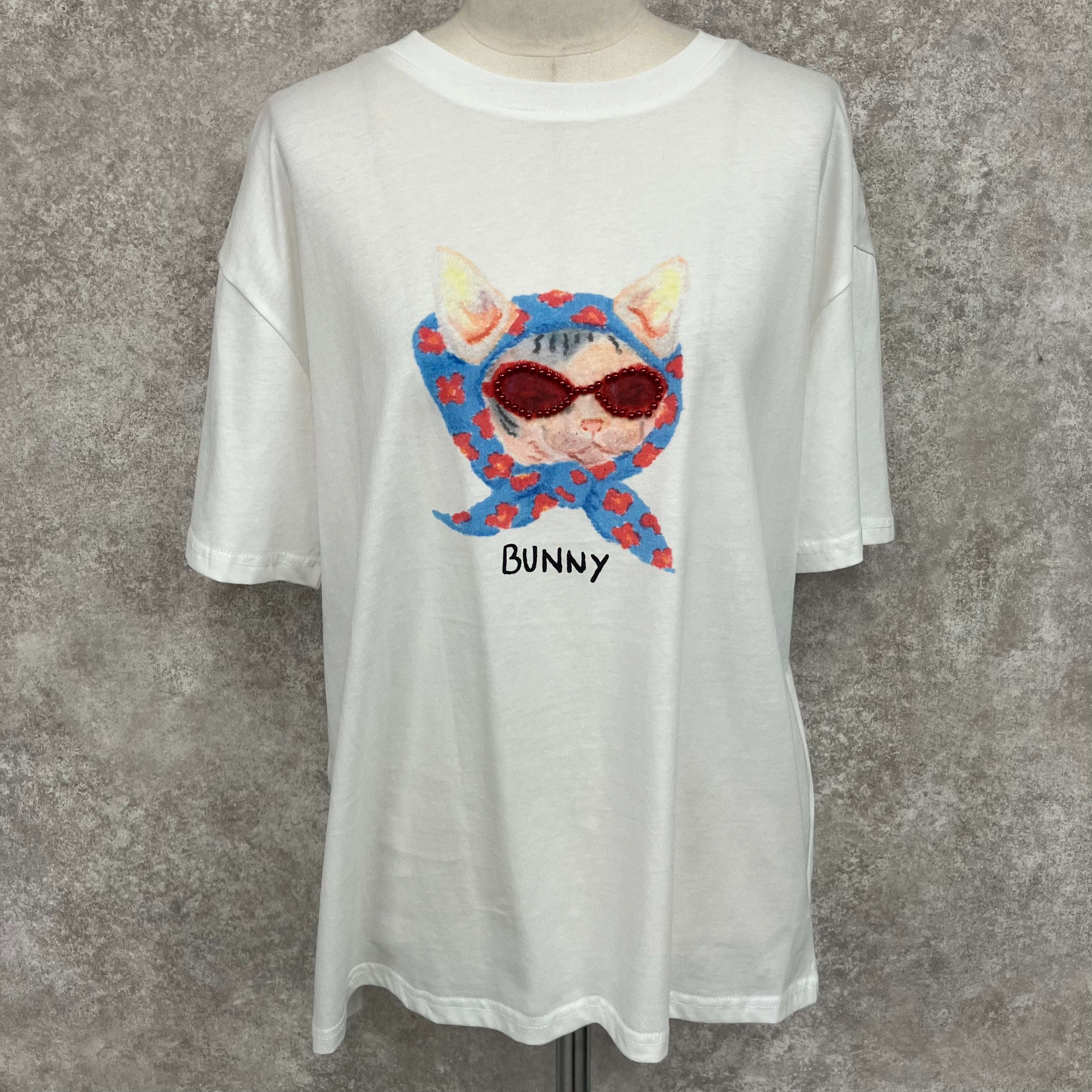 ビーズサングラスキャットTシャツ　-ホワイト-　 ※7/30-8/5迄に順次発送予定