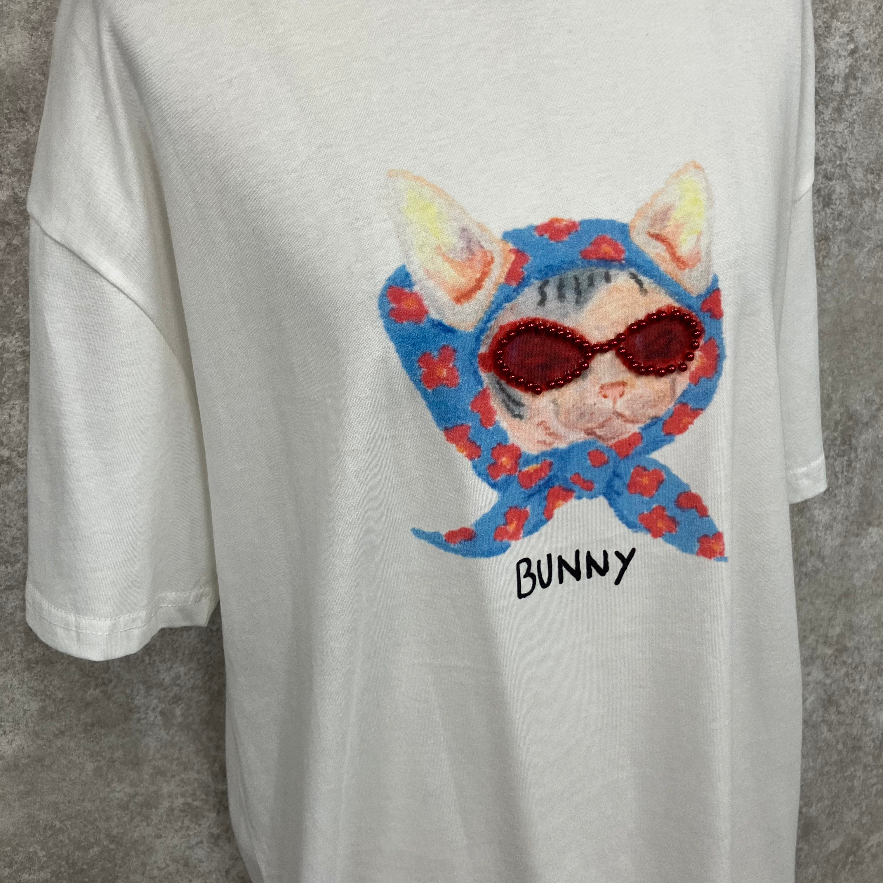 ビーズサングラスキャットTシャツ　-ホワイト-　 ※7/30-8/5迄に順次発送予定