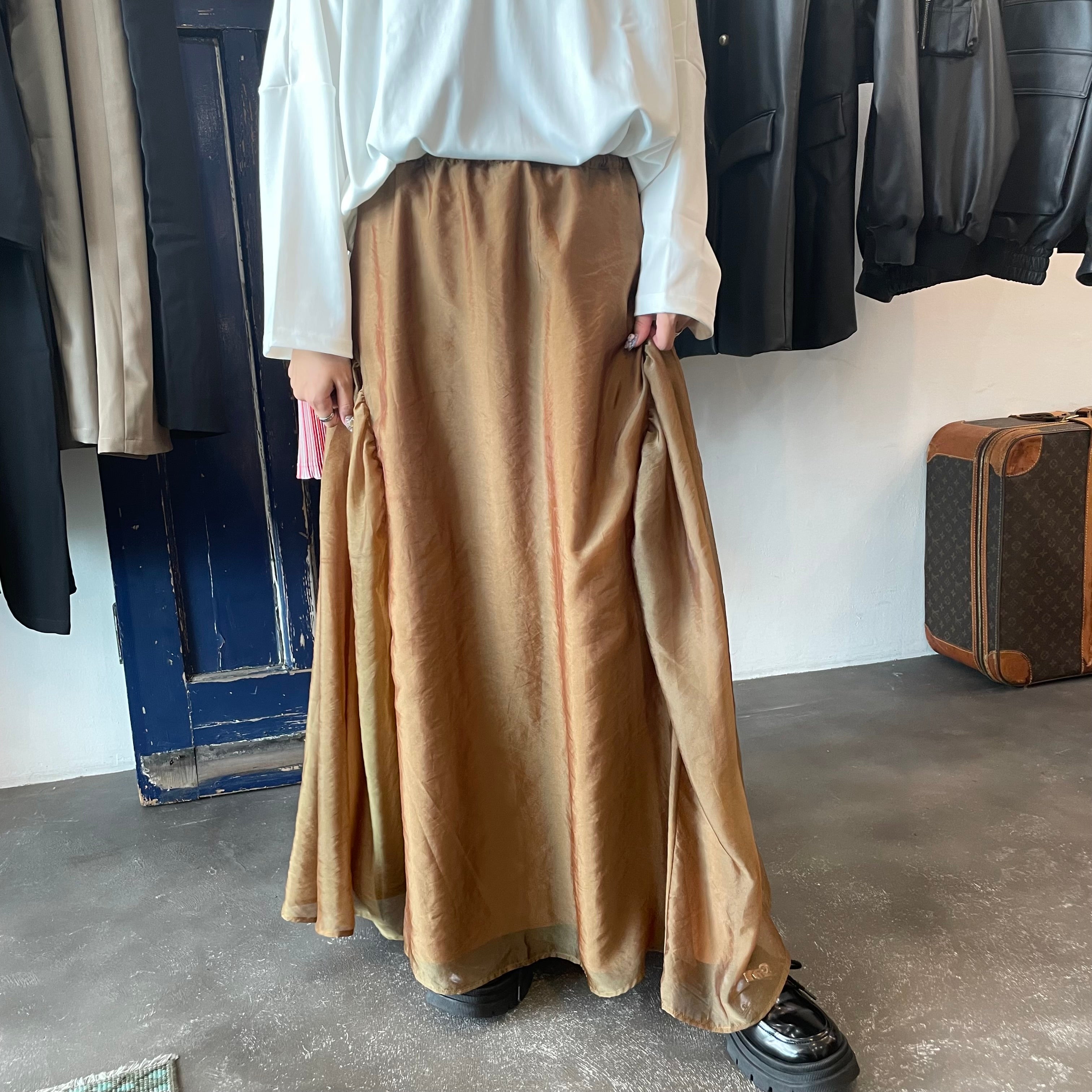 【terrace】オーガンジーギャザーフレアスカート　-キャメルゴールド-　※10/15-21より順次配送予定