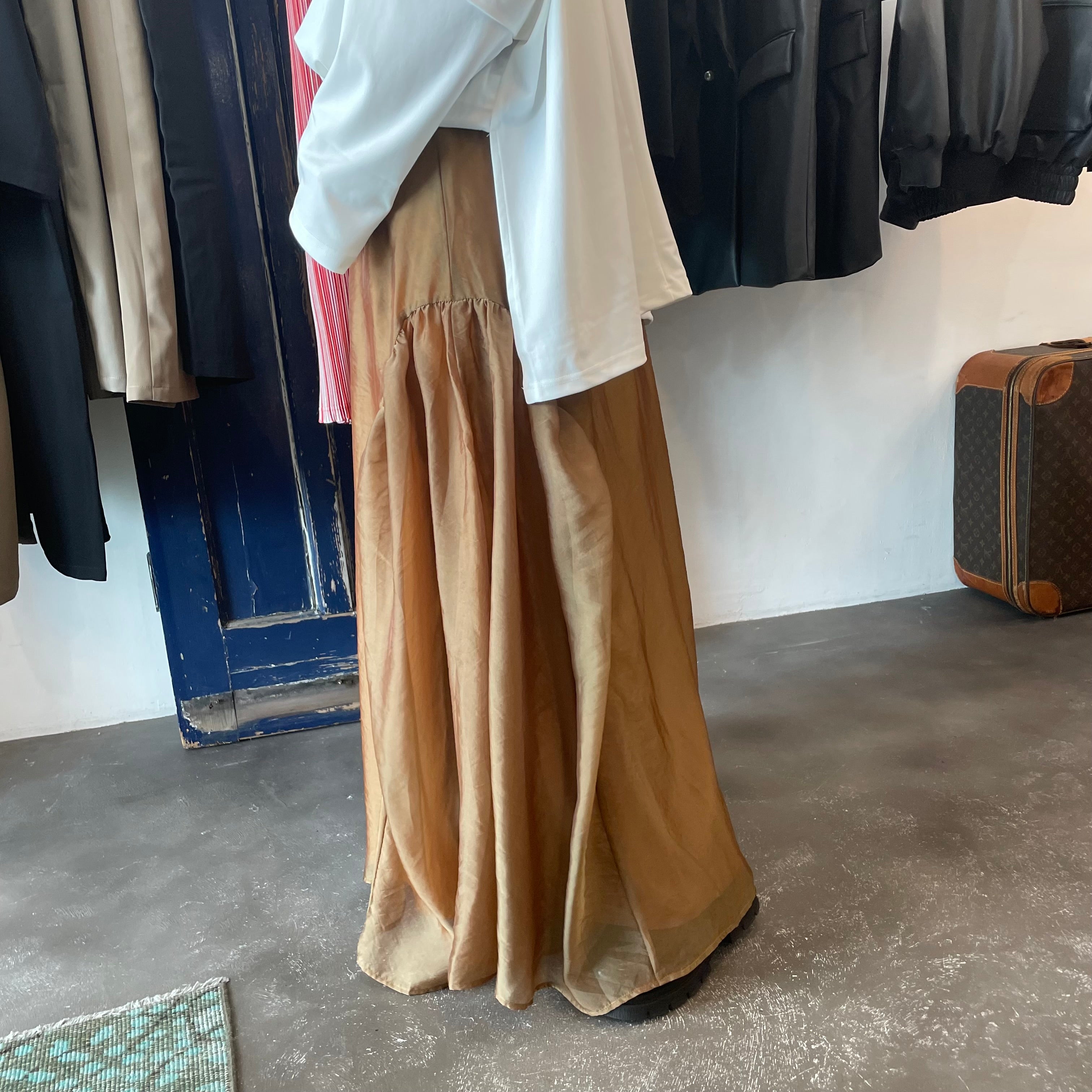 【terrace】オーガンジーギャザーフレアスカート　-キャメルゴールド-　※10/15-21より順次配送予定