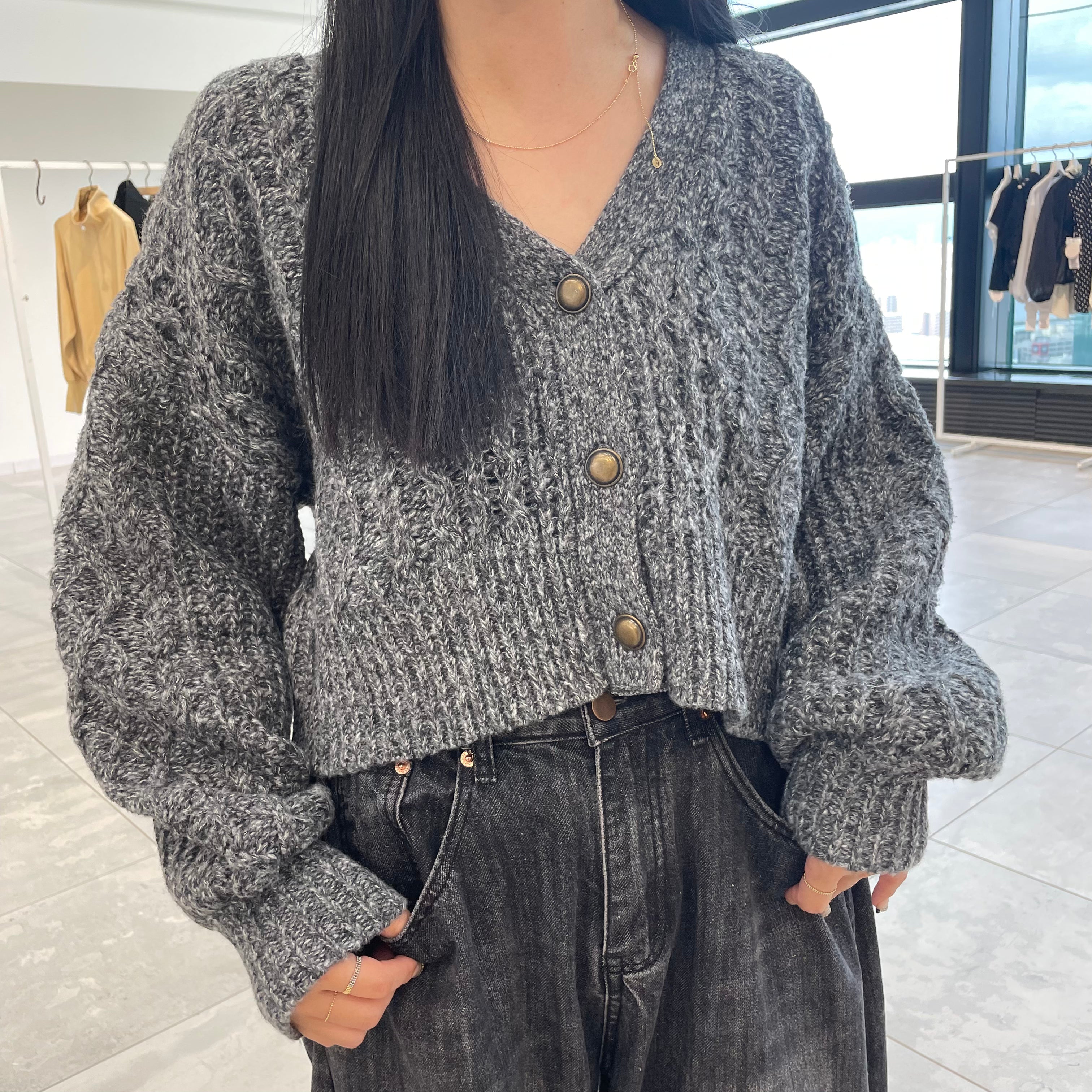 【洗える】カーディガン ケーブル編み Vネック　019 ブラック　※11月上旬〜中旬頃より配送予定